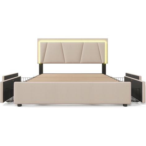 Cama tapizada LED 140x200 cm con 4 cajones, cabecero ajustable, beige, MODENUIT (1/5)