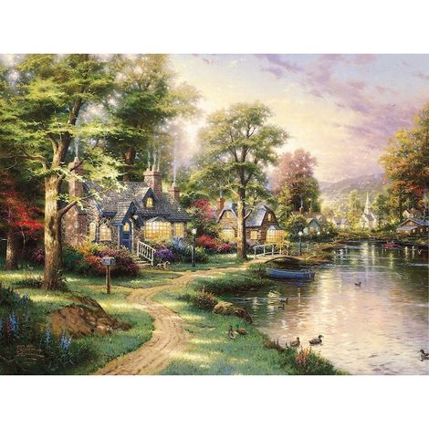 Peinture sur toile, paysage d'automne, rivière, arbres, chalets, 60 x 45 cm, multicolore (1/4)