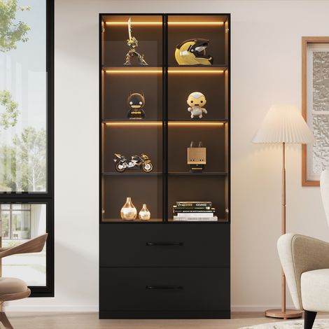 Vitrine LED 60x40x160 cm 2 portes vitrées 2 tiroirs bibliothèque panneau noir (1/5)
