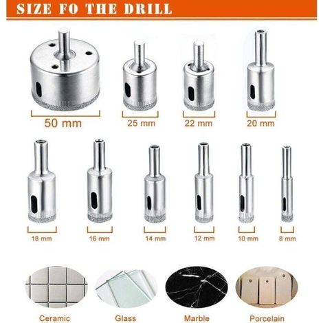 Set mit 10 Diamantbohrern (8–50 mm) für Keramik, Glas, Porzellan und Fliesen – vernickelter Kohlenstoffstahl – schneller, sauberer Schnitt (1/4)