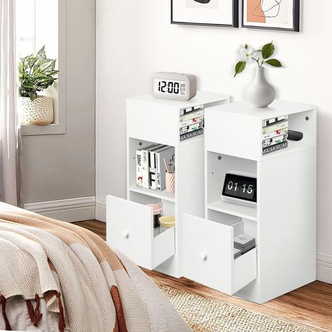 Hofuton Lot de 2 Tables chevets étroites avec tiroir et 2 compartiments ouverts, pour chambre à coucher, salon, 25x30x66cm, blanc (1/5)