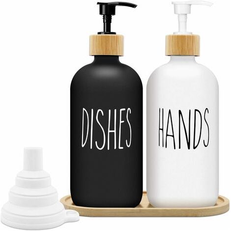 Distributeur de Savon Noir et Blanc Mat Set 500ml Distributeur de Savon en Verre avec Plateau Distributeur de Liquide Vaisselle Distributeur de Savon pour la Cuisine et la Douche (Noir + Blanc)