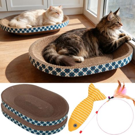 Lot de 2 griffoirs pour chat avec jouets - Grattoir en carton ondulé haute densité avec lit pour chat, jouet poisson à l'herbe à chat et baguette plume (1/5)