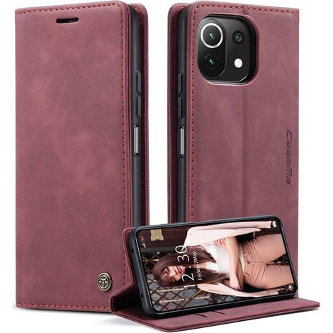 CaseMe Xiaomi 11 Lite 5G NE Leder Handyhülle Standfunktion Weinrot (1/5)