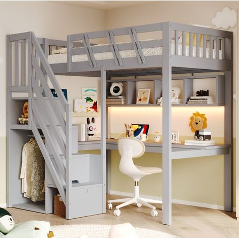 Letto a soppalco 90x200 grigio con scrivania, scala contenitore, LED e presa USB (1/5)
