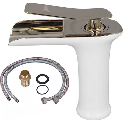 Einloch-Waschtischarmatur mit Wasserfallfunktion und einem Griff, Wasserauslass aus Messing für Warm- und Kaltwasser (1/5)