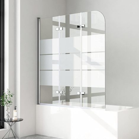 WDWRITTI Duschwand für Badewanne 130x140 cm Badewannenaufsatz 3-teilig Duschtrennwand für Badewanne Duschwand Badewanne Duschabtrennung Badewanne, 6mm ESG Glas mit Milchglas Streifen