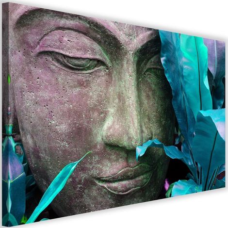 Tableau sur toile Bouddha et feuilles de turquoise 60x40 (1/5)