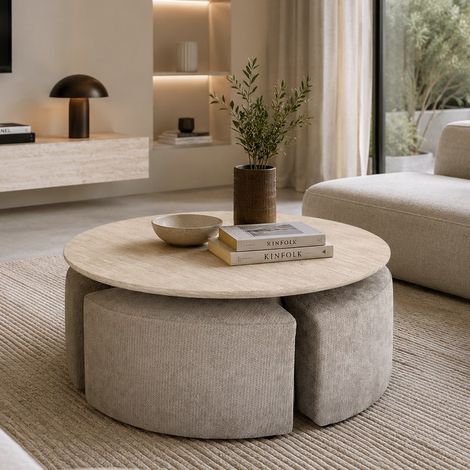 Table basse ronde travertin + 4 poufs tissu beige Gisole (1/5)