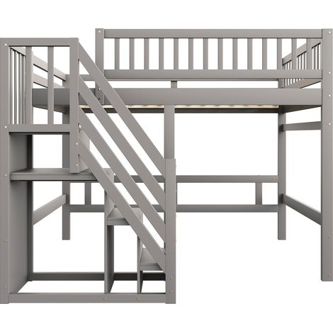 Lit mezzanine 140x200 en bois massif avec escalier de rangement, lit adolescent gris avec garde-corps, gain de place pour chambre. (1/5)