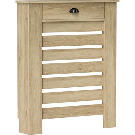 Couvercle de radiateur en bois chêne, grille à lattes horizontales avec 2 tiroirs, 78 x 19 x 95,5 cm (1/5)
