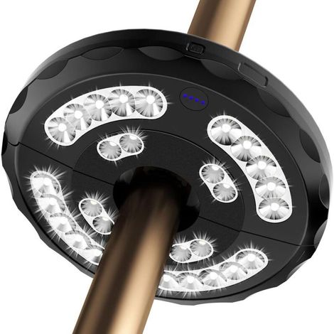 Lampe parasol 28 LED – 3 modes d'éclairage – Rechargeable avec pince intégrée – Pour soirées en extérieur, terrasse, plage, jardin (1/5)