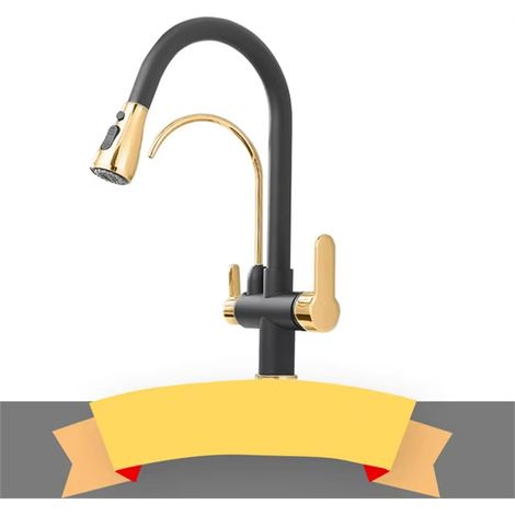 Robinet d'évier, mitigeur eau chaude et froide, robinet de cuisine, installation monotrou, idéal pour villas et restaurants (Noir et Or)