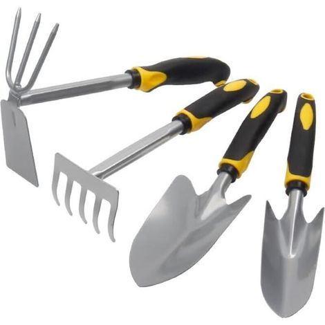 Lot de 4 pelles de jardin, truelle à main, ensemble d'outils avec poignée en caoutchouc antidérapante, houe, bêche, jardinage à deux usages, creusement extérieur, outils de désherbage et de plantation (1/5)