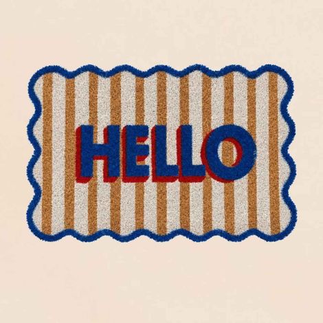Paillasson coco rayé imprimé HELLO bleu 40x60cm (1/4)