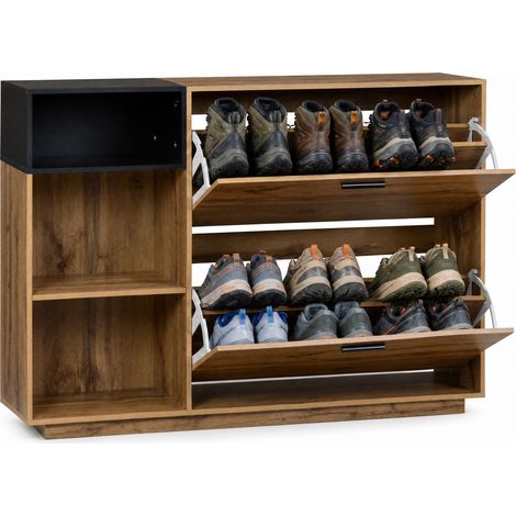 Meuble à chaussures 120 x 32 x 84,5 cm en MDF, 3 niches ouvertes et 2 abattants, pour 12 paires, entrée gain de place, bois clair noir  CHICFURN (1/5)
