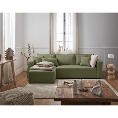 Bestmobilier – Canapé d'angle convertible 4 places – Réversible avec coffre de rangement – Tissu vert – Style contemporain – Dimensions 245x140cm (1/5)