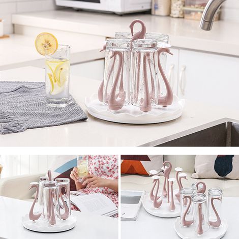 Porte-gobelets rotatif cygne créatif, égouttoir en plastique, plateau porte-gobelets en verre, porte-gobelets anti-poussière pour la maison, rose, porte-gobelets rotatif cygne à 6 têtes (1/4)
