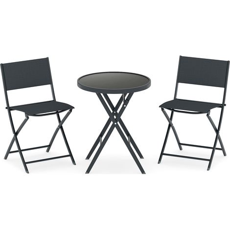 Juego de bistró plegable de 3 piezas con mesa de cristal, color negro
