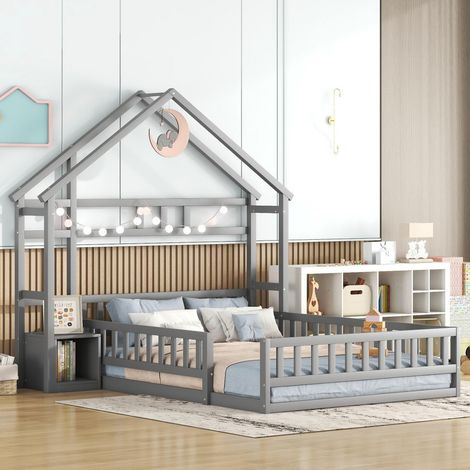 Lit d'enfant 140 x 200 cm, lit domestique avec barrières, lit d'enfant avec tête de lit-Gris (1/5)