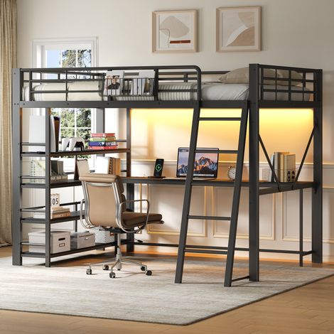 Cama alta 140x200 cm negra, con escritorio, estantes, cesta y LED, estructura metálica, sin colchón (1/5)