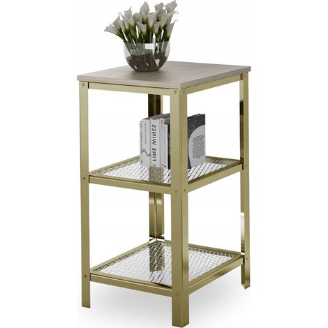 Estantería industrial de 3 niveles para sala de estar, atornillada, 40x40x80 cm, color oro + roble Sonoma. (1/5)