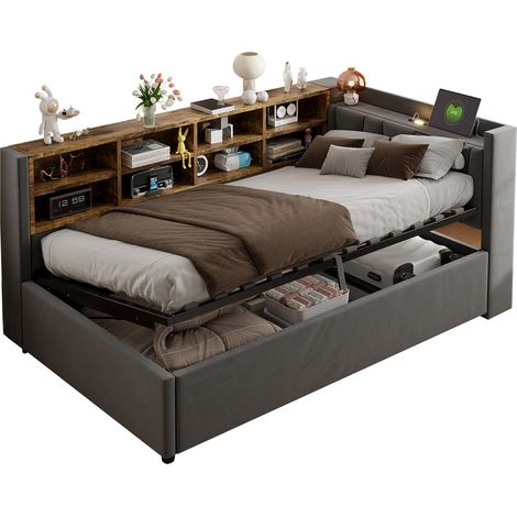Sofá cama tapizado de terciopelo gris 90x200 cm con almacenaje hidráulico, USB, Type-C y somier de láminas (1/5)