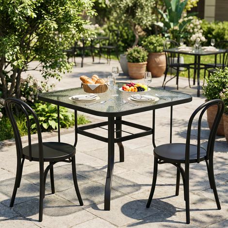 Table de jardin carrée 4 places avec plateau en verre et trou pour parasol Ø43 mm. Noire.
