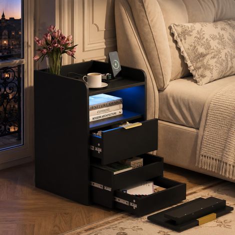 Table de chevet 40x40x60 cm avec station de charge, Compartiment caché, bout de canapé LED RGB et prises USB A C, avec 2 tiroirs, Noir (1/5)