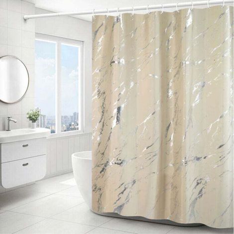 (Beige) Simple Silver Marbled Shower Curtain - 180x180cm, Machine washable polyester shower curtain with weighted bottom hem and 12 hooks, Bathroom Bathtub Curtains (1/5)