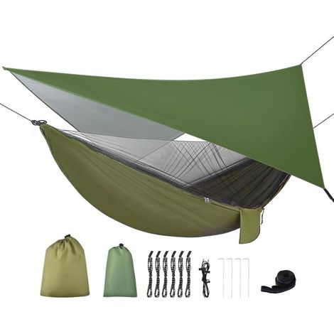 Hamac de camping portable en nylon double couche avec toile imperméable et moustiquaire intégrée, sangles pour arbres inclus, idéal randonnée, voyage, terrasse (1/5)