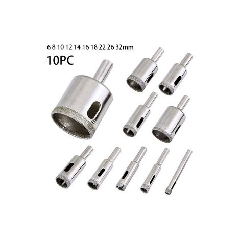 Lot de 3 couronnes diamantées 10 pièces 6‑32 mm – Foret à verre pour perçage carrelage, marbre et brique – Idéal pour pose sanitaire et plomberie (1/4)