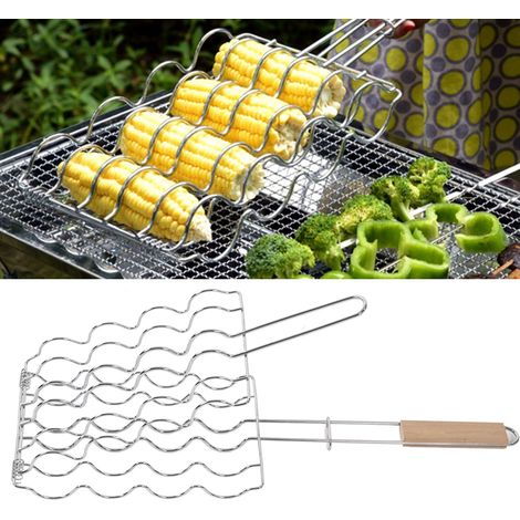 Panier à maïs pour griller, acier inoxydable, manche en bois de hêtre, répartition uniforme de la chaleur, capacité de 4 grains, support idéal pour le camping (1/5)