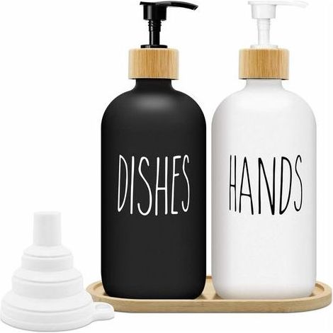 Distributeur de Savon Noir et Blanc Mat Set 500ml Distributeur de Savon en Verre avec Plateau Distributeur de Liquide Vaisselle Distributeur de Savon pour la Cuisine et la Douche (Noir + Blanc) (1/5)