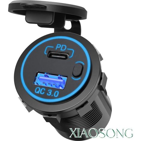 Prise Allume Cigare Double USB pour Voiture Bateau et Camion, 12V 24V 36W PD Type-C + QC3.0 Charge Rapide Bouton Start Anneau LED Bleu-KZQ (1/4)
