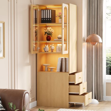 Mueble armario alto con vitrina y cajones MDF roble OKMYHOME (1/5)