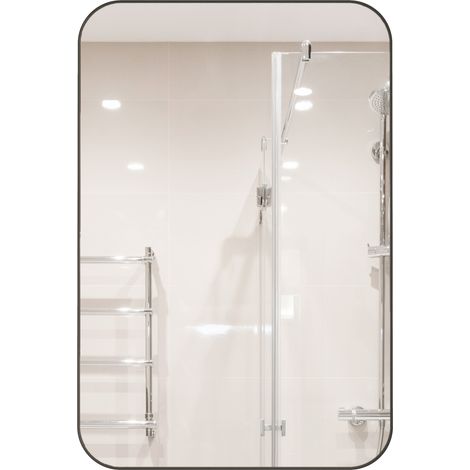 Armadietto specchio rettangolare nero con telaio in metallo e ripiani in vetro, 76 x 51 x 12 cm (1/5)