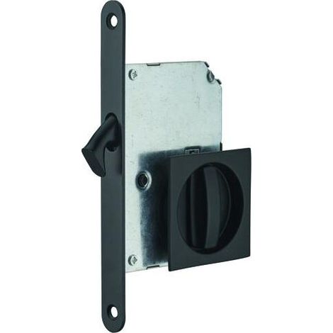 Serrure encastrable à crochet pour porte coulissante – Axe 50mm – Acier noir – Pêne crochet à bouts ronds – Gâche plate incluse (1/5)