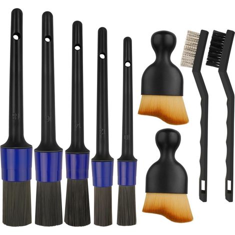Kit 9 brosses de detailing auto, intérieur et extérieur, 5 tailles, acier et nylon (1/5)