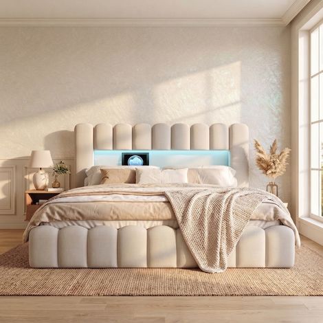 SYEKLAOO  Lit Double Coffre, Fonction de Charge USB et Éclairage LED ,Sommier à lattes ,Capacité de charge 300 kg ,Montage facile,Lin-Beige -180x200 cm (1/5)