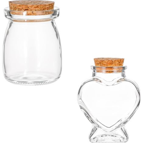 Lot de 2 Bouteilles en Verre - Coeur et Mini - Bouchon Liège - Décoration Mariage Fête - Transparent (1/5)
