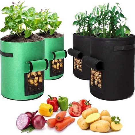 Sac de plantation géotextile 4 pièces – 2 sacs 10 gallons et 2 sacs 7 gallons – Fenêtre de récolte – Pour pommes de terre et tomates (1/5)