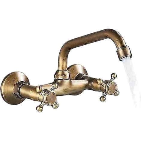 Robinet mural en laiton antique avec deux poignées, bec pivotant à 360° pour lavabo de salle de bain et de cuisine, valve en céramique, entraxe de 15 cm (1/5)