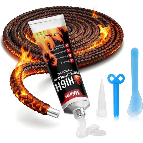 Colle Refractaire, 100ml Colle Haute Temperature+8mm joints Cheminée, Joint Porte Poele a Bois, Silicone Haute Temperature pour Cheminée, Micro Ondes, Grils, Hotte Aspirante (1/5)