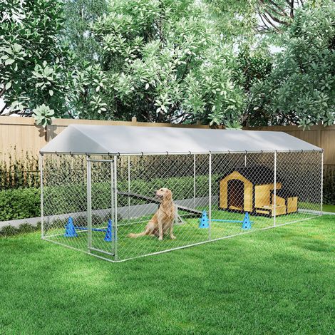 Enclos extérieur pour chien avec grillage galvanisé et cadenas, acier et tissu Oxford, 6x2,3x2 m, argenté (1/5)