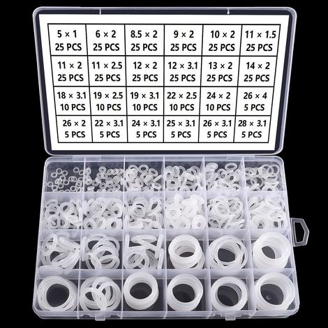 385 Pièces 24 Tailles Joint Torique Blanc Kit d'assortiment, Joints Toriques Métriques en Silicone, pour Robinet, Véhicule Climatisation, Electroménagers, Roulement, Pompe (1/5)