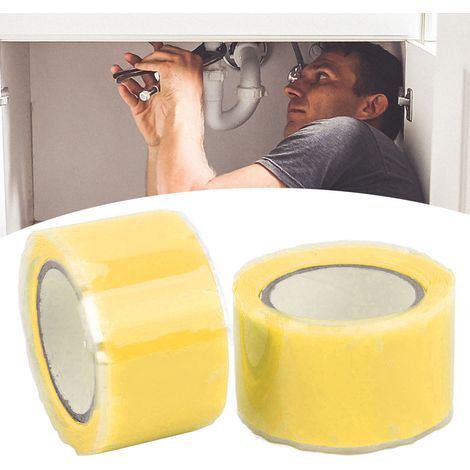 Vendu par lot de 2 rouleaux (2,5 x 150 cm). Ruban silicone auto-fondant, ruban de réparation de tuyaux, ruban silicone haute résistance et étanche, ruban jaune pour la réparation des fuites de tuyaux. (1/5)