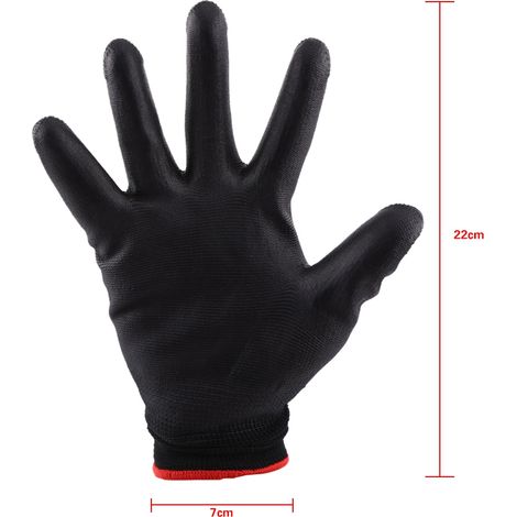Gants noirs enduits de nylon antistatique avec paume enduite de PU et bordure rouge, 12 paires/douzaine (1/5)