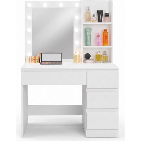 Aga24 – Coiffeuse moderne avec miroir et éclairage LED blanc froid – Plateau spacieux 94x40cm – 4 tiroirs et 2 étagères ouvertes – Panneau de particules durable (1/4)