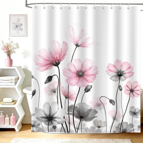 Rideau de Douche Rose Gris Aquarelle Fleurs Boho Été 180x200cm (1/5)